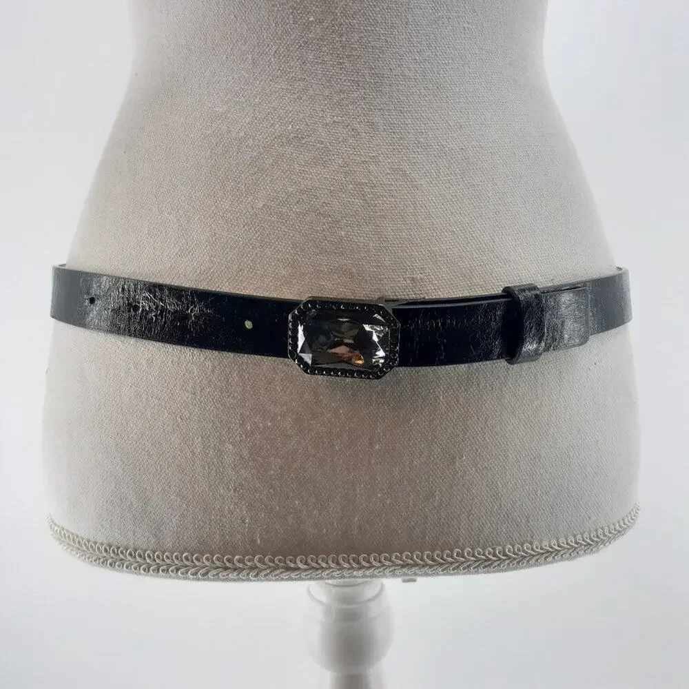 Women's Faux Leather black Large Rhinestone buckle Fashion Dress Accessory Sz 32